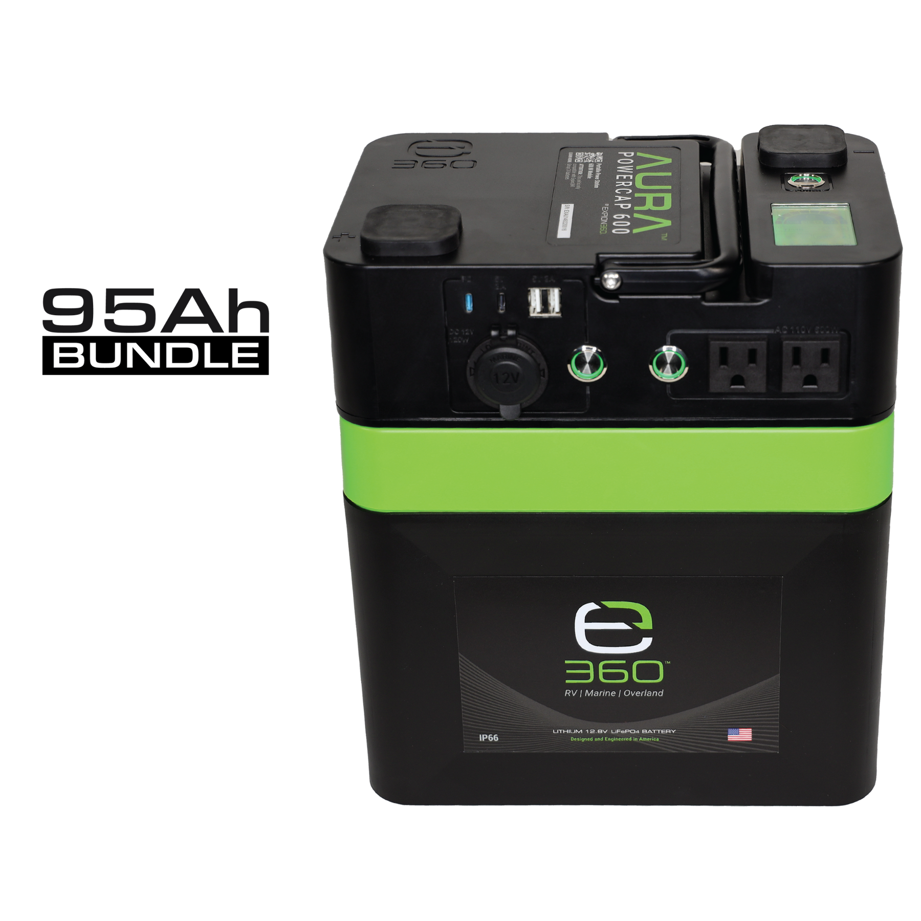 E360 (1) EX-AURA001: AURA 600W Inverter  (1) EX-G24-95XDP: E360 12.8V 95Ah G24 Extreme-Density LiFePO4 Deep Cycle Battery [A]