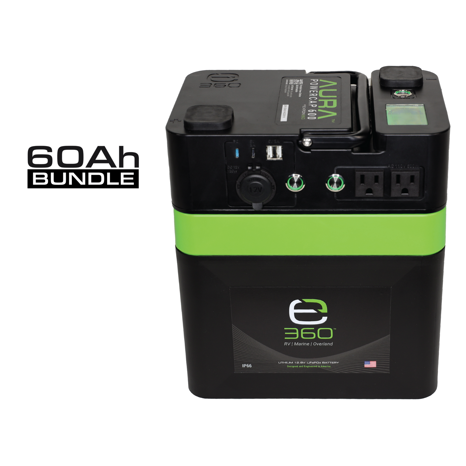 E360 (1) EX-AURA001: AURA 600W Inverter  (1) EX-G24-60C: E360 12.8V 60Ah G24 High-Density LiFePO4 Deep Cycle Battery   [A]