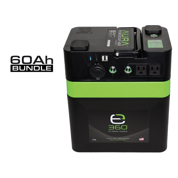 E360 (1) EX-AURA001: AURA 600W Inverter  (1) EX-G24-60C: E360 12.8V 60Ah G24 High-Density LiFePO4 Deep Cycle Battery   [A]