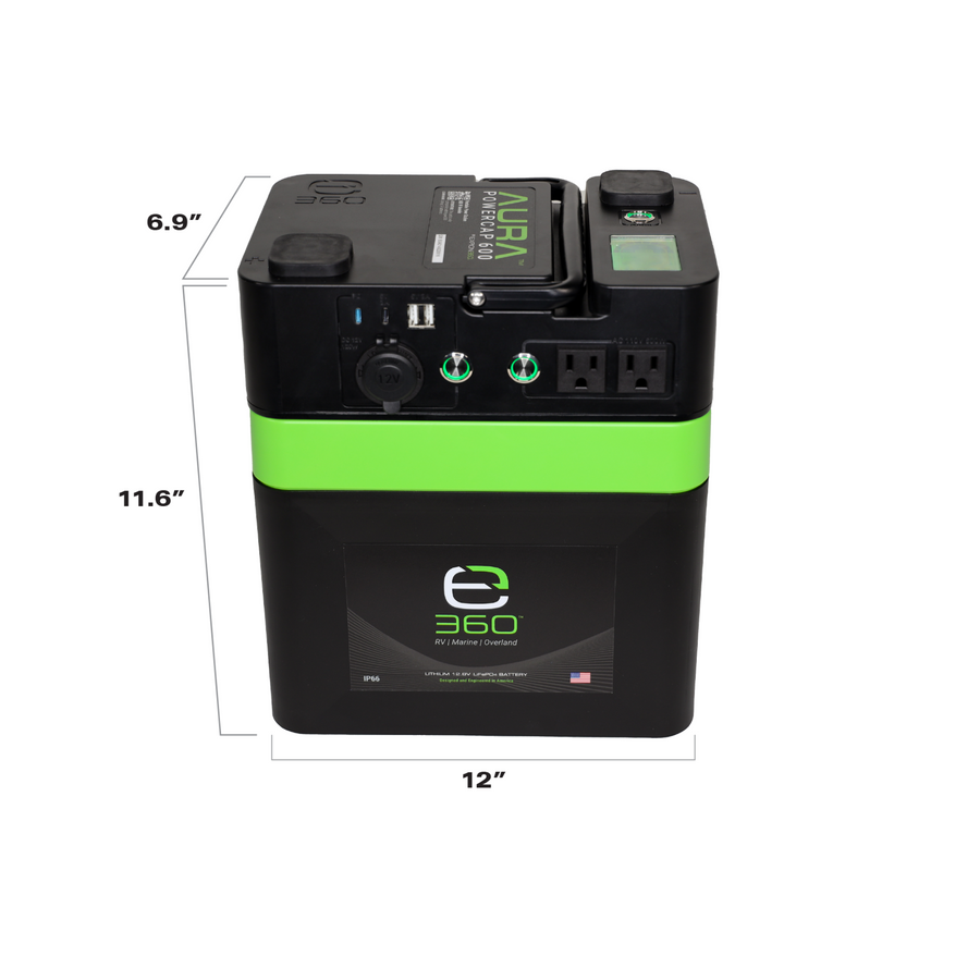 E360 (1) EX-AURA001: AURA 600W Inverter  (1) EX-G24-60C: E360 12.8V 60Ah G24 High-Density LiFePO4 Deep Cycle Battery   [A]