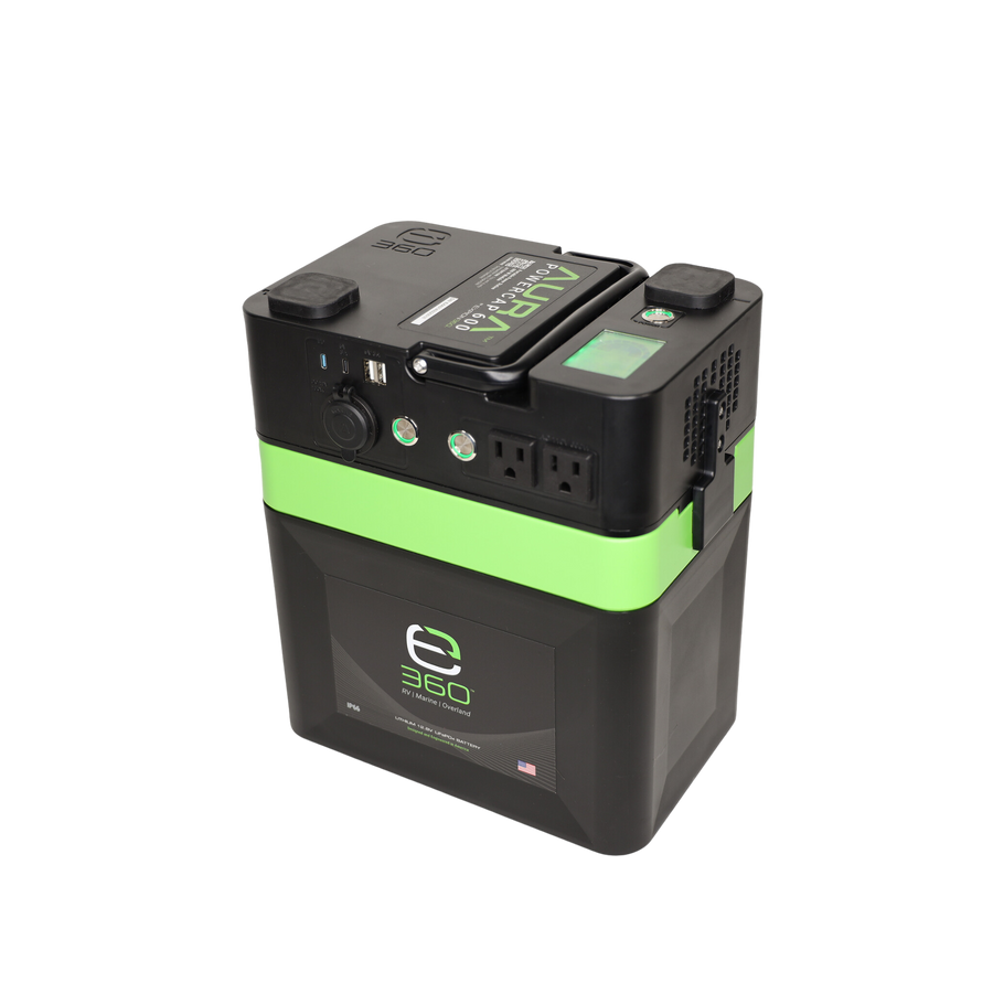 E360 (1) EX-AURA001: AURA 600W Inverter  (1) EX-G24-80C: E360 12.8V 80Ah G24 High-Density LiFePO4 Deep Cycle Battery [A]