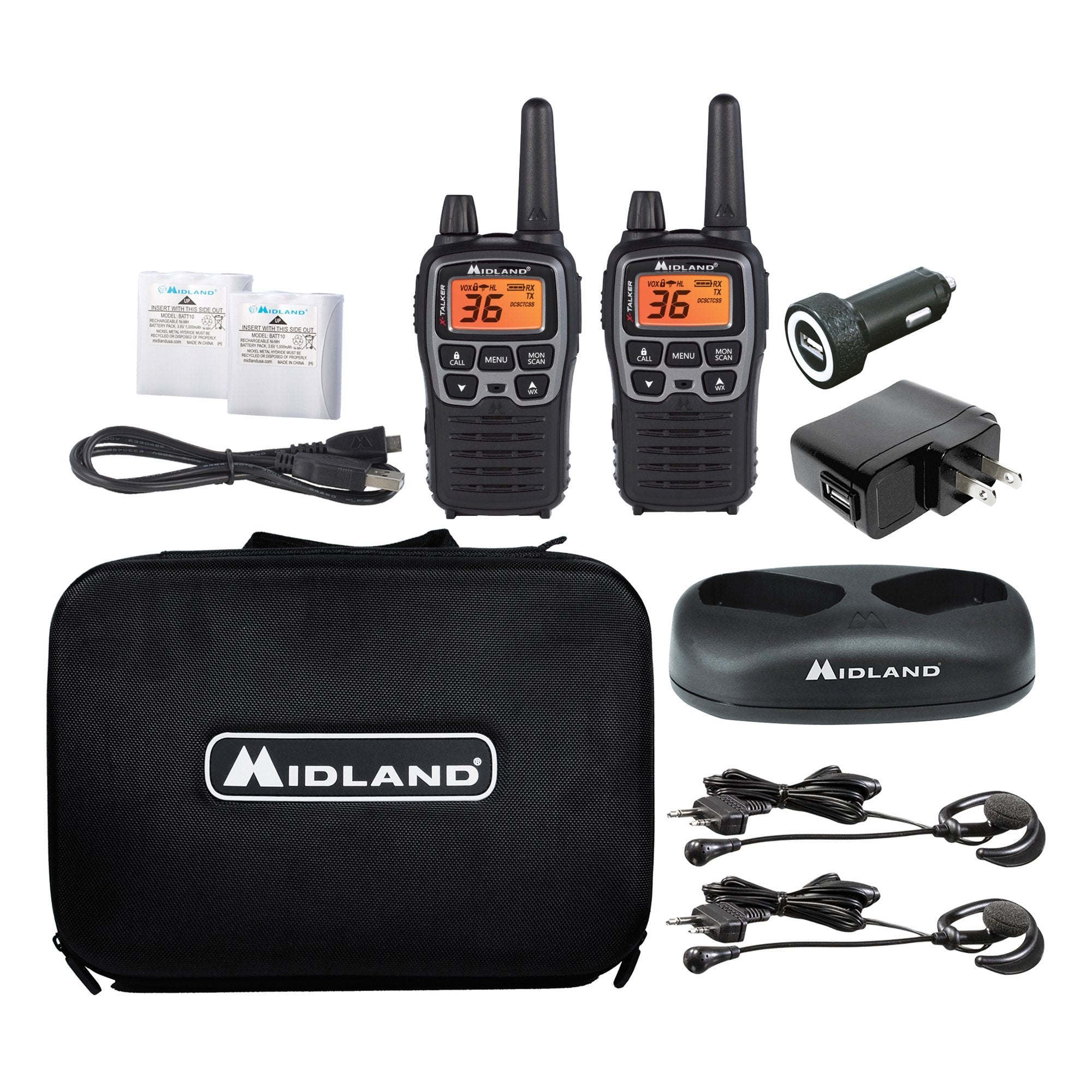 Midland X-TALKER, Pair of Radios with Batteries, DTC and USB Cable Charger, hard shell case, car charger, set of AVP1 headsets [A]